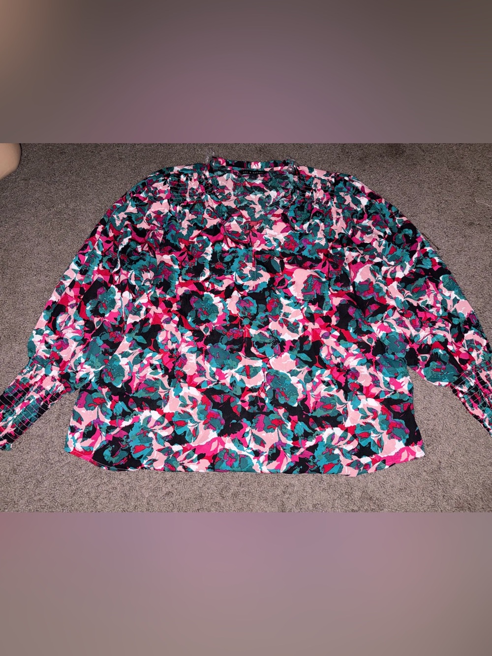 Zac & Rachel Vibrant Floral Long-Sleeve Blouse in Teal, Pink, Black